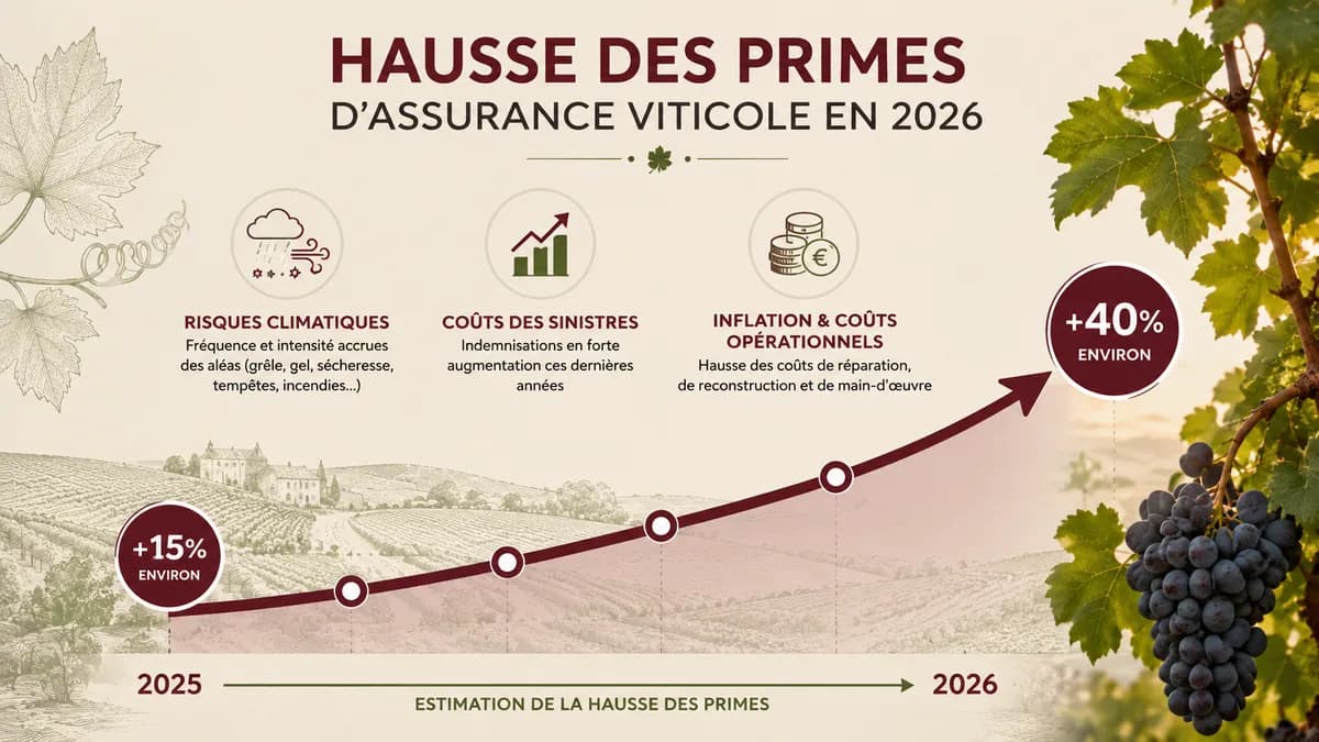 Infographie montrant la hausse des primes d'assurance viticole de 15 à 40 pourcent en 2026